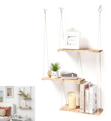 Produktbild von 3-stufiges Holz-Wandregal für Pflanzen, Makramee Wandbehang Regal, Boho Deko Schweberegal aus Treibholz, für Wohnzimmer, Schlafzimmer & Badezimmer
