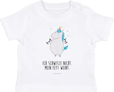 Produktbild von Mr. & Mrs. Panda  T-Shirt Einhorn Fitness 12. - 18. Monat - Weiß - Geschenk, Organic Baby, Unicorn, Kinder Shirt, Öko, Gym, Babyshirt, Diät, Sport, Fitnessstudio