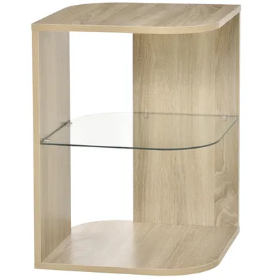 Image de Table d'appoint HOMCOM, table d'appoint, design contemporain, bout de canapé, étagère, verre trempé, aspect chêne clair