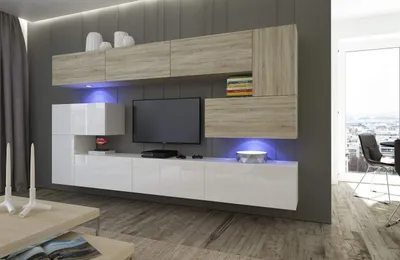 Produktbild von Furnitech Wohnwand Wohnzimmer - Wohnzimmer Möbel mit LED RGB - 16 Farben - Hängend Wohnwand Modern - Regale und TV Schrank (Albania AN3-17WS-HGM33 1B)