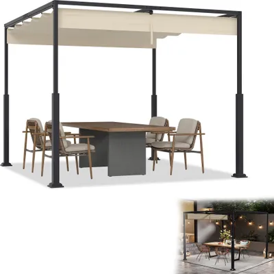 A freestanding pergola with a retractable canopy, set up with a dining table and chairs.
