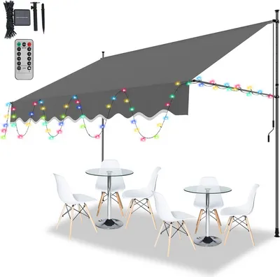 Immagine prodotto di Tenda da sole TolleTour Tenda da sole con morsetti e LED Tenda da sole per balcone regolabile in altezza Tenda da sole senza forature per terrazza e balcone 400 cm Grigio