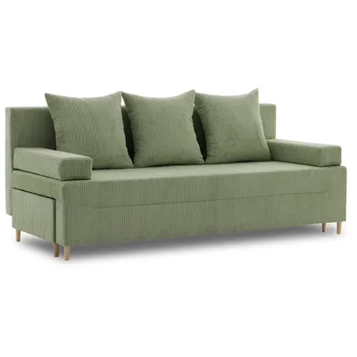 A green corduroy sofa with three throw pillows and wooden legs, presented against a white background.