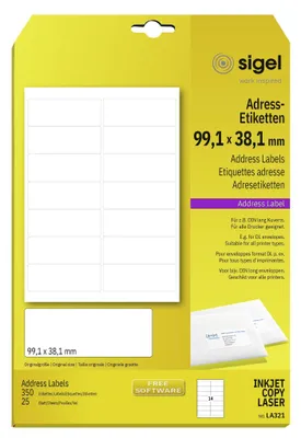 Produktbild von SIGEL LA321 abgerundete Adress-Etiketten, 99,1 x 38,1 mm, weiß, 350 Etiketten
