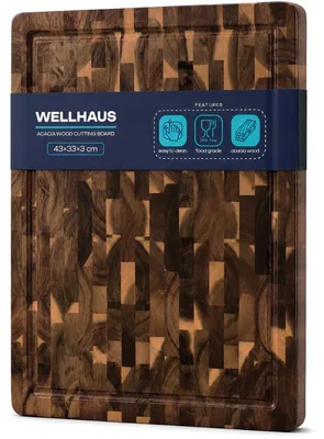 Produktbild von WELLHAUS Schneidebrett Akazienholz 43x33x3cm Saftrille Griffe