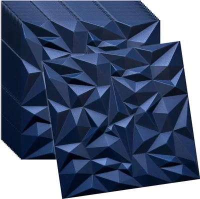 A stack of dark blue 3D wall panels with a geometric, faceted design.