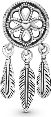 A silver-colored dreamcatcher charm with three dangling feathers.