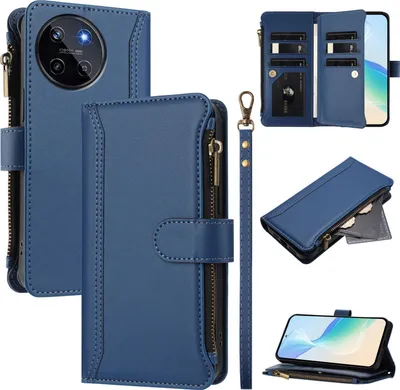 Image de Étui pour Realme 11 4G, zippé, portefeuille étui à rabat en cuirPolyuréthaneavec poches pour cartes, support et boucle pour la main bleu