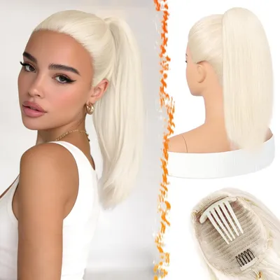 Produktbild von Pferdeschwanzverlängerung Synthetik Platinblond 40cm mit Kordelzug & Kammclip