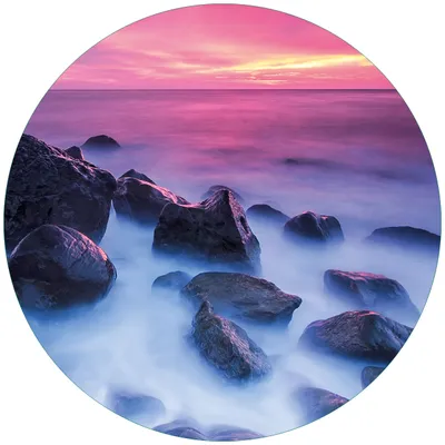 Produktbild von Wallario Premium Glasbild, freischwebende Optik, kräftige Farben, rund 50cm Durchmesser, Motiv Felsen im Meer bei Sonnenuntergang