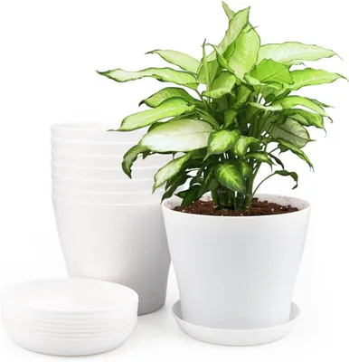 Imagen del producto de Juego de macetas, 8 macetas de plástico blanco de 14 cm con platillos, para uso en interiores y jardines