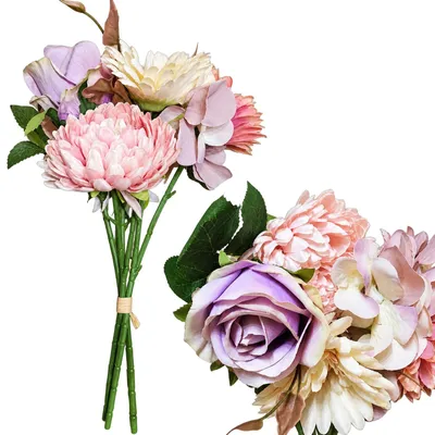 Produktbild von Künstlicher Blumenstrauß Gerbera Chrysantheme Rose 38 cm Creme Rosa Dekobukett Kunstblumen Bouquet