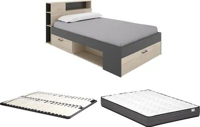 Produktbild von Bett mit Kopfteil, Stauraum & Schubladen - 120 x 190 cm - Holzfarben & Anthrazit + Lattenrost + Matratze - LEANDRE