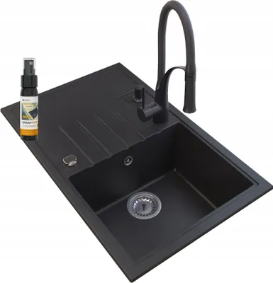 Produktbild von Granitan | Granitspüle - Spülbecken - 78,5x49,5 cm - Schwarz - Küchenarmatur NEXO - mit Abtropfgestell - ERIS