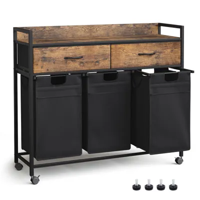 A laundry cart with drawers and three fabric bins, shown on a white background.
