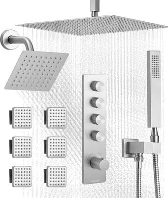 Produktbild von VEVOR Duschsystem-Set mit 16 Zoll Regenduschsystem / 6 Zoll Wandmontagekopf / Handbrause / 6 Körperbrause, Doppelregenkopf, Messingventil Verkleidungssatz Zierset, gebürstetes Nickel