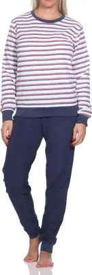 Produktbild von Damen Frottee Schlafanzug langarm mit Bündchen - Streifenoptik - auch in Übergrössen ; navy , 40