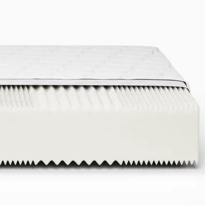 A close-up, side-view cutaway of a mattress showing its layered construction.