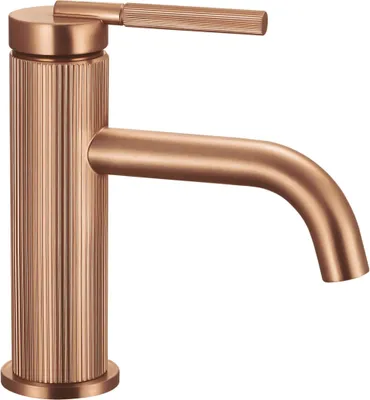 A close-up studio shot of a single copper-colored faucet against a white background.