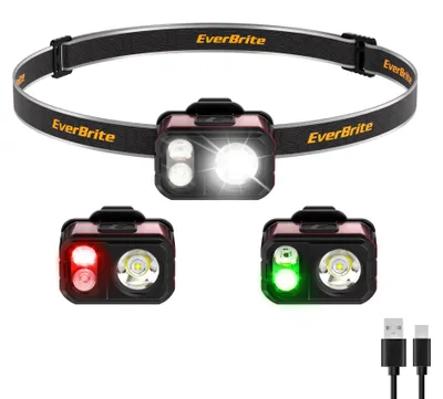 Obrázek produktu pro Čelovka EverBrite LED, nabíjecí, 45 g, ultra lehká, IP67, vodotěsná, s 7 režimy osvětlení a klipem, červené a zelené světlo, mini čelovka, nabíjecí, vhodná pro běh, turistiku, kempování, fialová