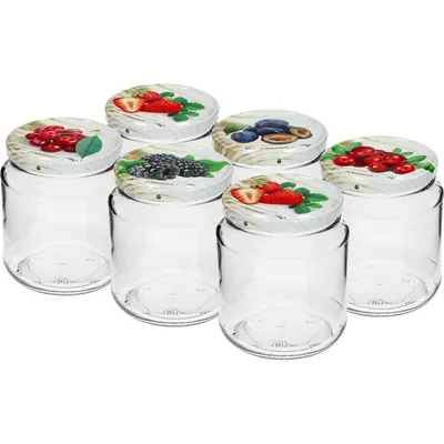 Produktbild von Twist-Off-Glas, bauchig, 580 ml mit farbigen Deckeln Ø 82/6, 6 Stück