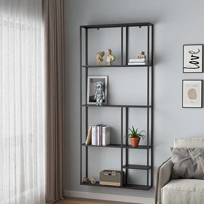 Produktbild von en.casa® Wandregal Jämijärvi, Schwarz matt, Stahl, 180x80x18 cm (HxBxT), belastbar bis 5 kg, für Küche, Deko, Bücher & Erinnerungsstücke