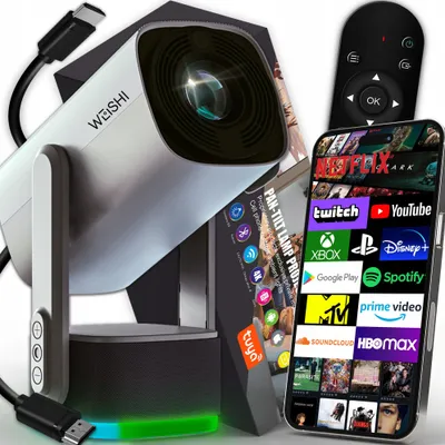 A projector, remote control, and smartphone displaying various streaming apps are arranged together on a white background.