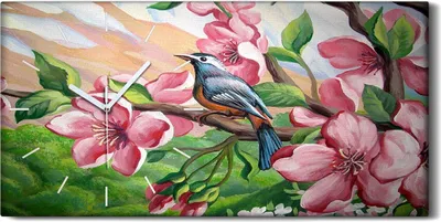 Produktbild von Wohnzimmer-Bild Leinwand Uhr 60x30 Gemälde Abstrakter Zweig Blumen Tier Vogel - weiße Hände