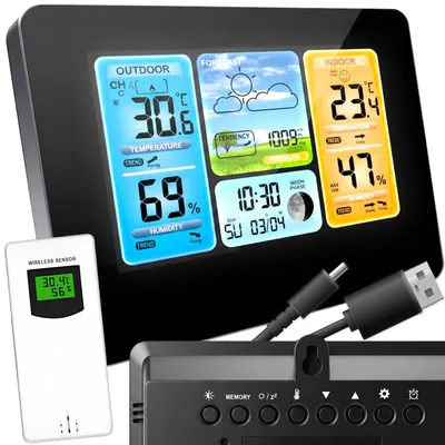 Produktbild von Funkwetterstation mit Farbdisplay & Außensensor Barometer Wettervorhersage Funk-Wetterstation Funkuhr Retoo