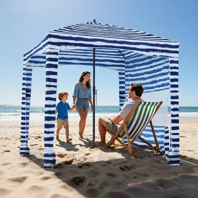Immagine prodotto di Cabana da spiaggia - Gazebo da spiaggia e tenda da spiaggia - 183 x 183 cm - Protezione UV UPF 50+ - Con parete laterale - Sacchi di sabbia inclusi - Portatile e veloce da montare - Strisce blu navy