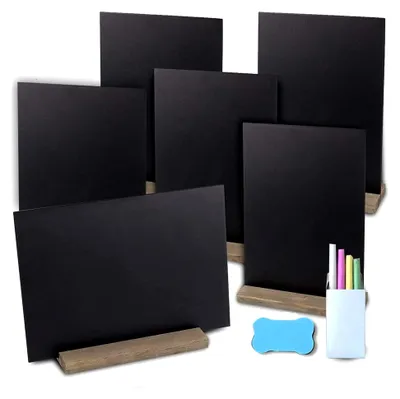 Produktbild von 6x Tischtafel mit Holzständer & Kreide – Beidseitig beschreibbare Kreidetafel – Ideale Buffetschilder, Platzkarten & Tischnummern für Hochzeit, Gastronomie & Party