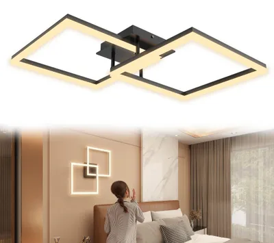 Productafbeelding van VA-Cerulean, dubbele vierkante LED-plafondlamp, 48W, warm wit. Moderne, geometrische plafondlamp voor woonkamer, slaapkamer, keuken of kantoor