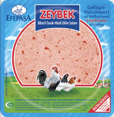 Produktbild von ZEYBEK Geflügelwurst mit Rind & Paprikaflocken – Halal, geschnitten, 100 g – von EFEPASA