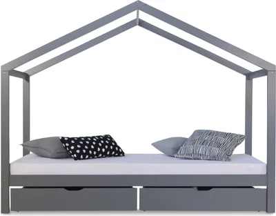 Produktbild von Homestyle4u Kinderbett 90x200 Hausbett Matratze mit ® Standard 100 mit ® Standard 100 Kinderhaus Holzbett Grau Bettkasten mit Stauraum
