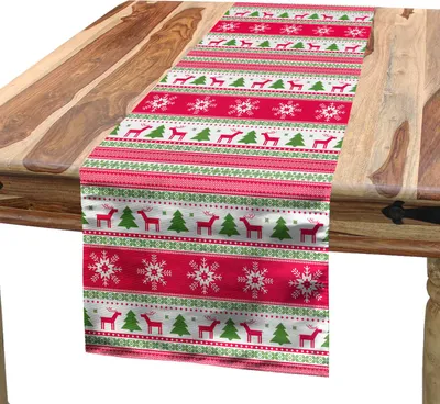 Obrázok produktu pre ABAKUHAUS severský obrus, klasické sobíky, snehové vločky, stromčeky, vianočný vzor, ručná výroba, 40 x 180 cm, zelená, biela, ružová