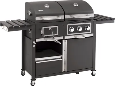 A black and silver combination charcoal and gas grill is shown against a white background.