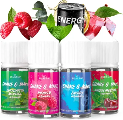 Produktbild von Belissia Shake and Make Fruchtige Kühle - 4 x 30 ml hochdosiertes Lebensmittelaroma - zum Nachfüllen - Für Backen, Speisen, Getränke, Shake, DIY uvm