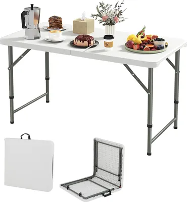 Produktbild von KOMFOTTEU Campingtisch klappbar, Picknicktisch höhenverstellbar (50-74 cm), Klapptisch aus HDPE, Gartentisch bis 180 kg, für Camping, Grill, 122 x 61 cm (L x B), Weiß