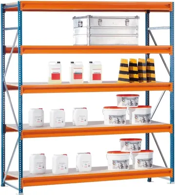 Produktbild von Schulte Weitspannregal mit Spanplatten W 100 | Grundregal | HxBxT 300x178,5x100cm | 5 Ebenen | Fachlast 670 kg | Blau/Orange/Verzinkt