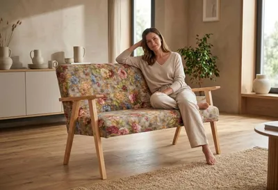 Produktbild von Sofa SOLER Flowers – Retro-Design, Velours in Braun, Family Meble, KI-generiertes Bild