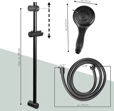 Obrázek produktu pro Sprchová souprava, nerezová ocel, hadice 1,75 m, tyč 71,5 cm, černá