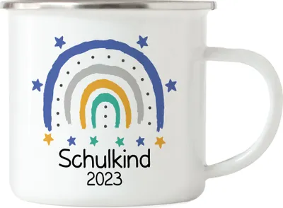 Produktbild von Schulkind 2023 Emaille Tasse Einschulungsgeschenk Grundschule 1. Klasse Schulstart Regenbogen Motiv