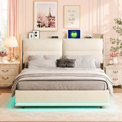 Immagine prodotto di Letto imbottito INONEFT, 140x200 cm, con contenitore e rete a doghe, letto a molle con LED, porta USB di tipo C e ricarica wireless, letto matrimoniale con spazio contenitivo, rivestito in velluto color beige