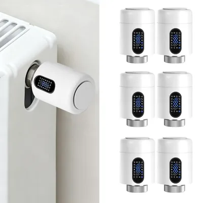Obrázek produktu pro Ikodm Chytrý termostat pro radiátory, WiFi, ovládání přes aplikaci, kompatibilní s platformami Smart Life/Tuya, 7 adaptérů, bílý, balení 6 kusů