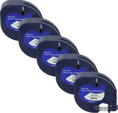 Produktbild von vhbw 5x Schriftband-Kassette Plastik kompatibel mit Dymo LetraTag LT-100H, LT-100T, QX50, XR, 200B Etiketten-Drucker 4m x 12mm Schwarz auf Weiß