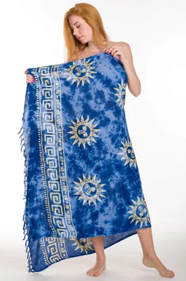 Produktbild von Pareo aus Viskose mit Sonnenprint & Fransen – Blau/Gold - Sarong, Wickeltuch, Wickelrock
