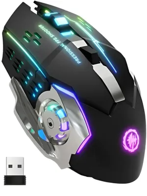 A black wireless gaming mouse with RGB lighting and a USB dongle.