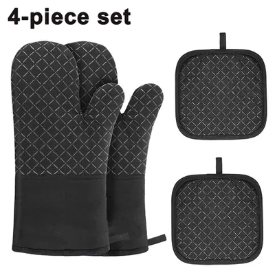 Produktbild von 4-teiliges Set Ofenhandschuhe und Topflappen, rutschfeste, hitzebeständige Silikon-Ofenhandschuhe, Mikrowellenhandschuhe, Küchenhandschuhe zum Backen, Kochen und Grillen