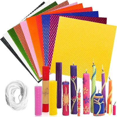 Productafbeelding van Set kaarsen, bijenwasplaten, 10 kleuren, 20x20 cm, 6 meter katoenen lonten, voor creatieve knutselprojecten