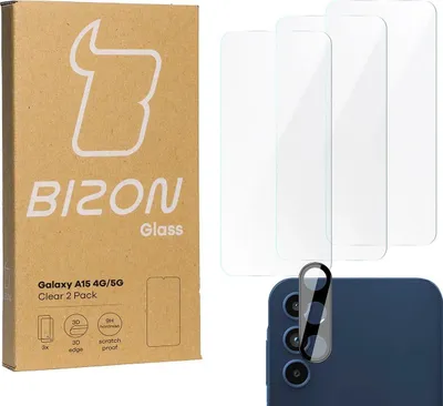 A product shot showing a box of screen protectors and camera protectors for a Samsung Galaxy A15 4G/5G, along with a close-up of the phone's camera module with a protector applied.